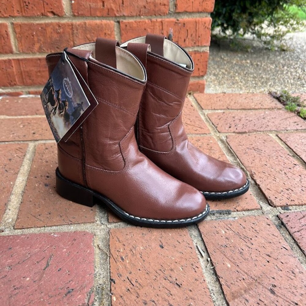 Old West Kids R Toe Brown Roper Boot